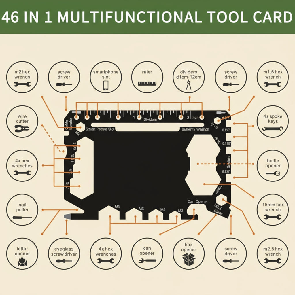 46-in-1 Survival Card Multitool Functions - Wrenches, Saw, Compass, Ruler