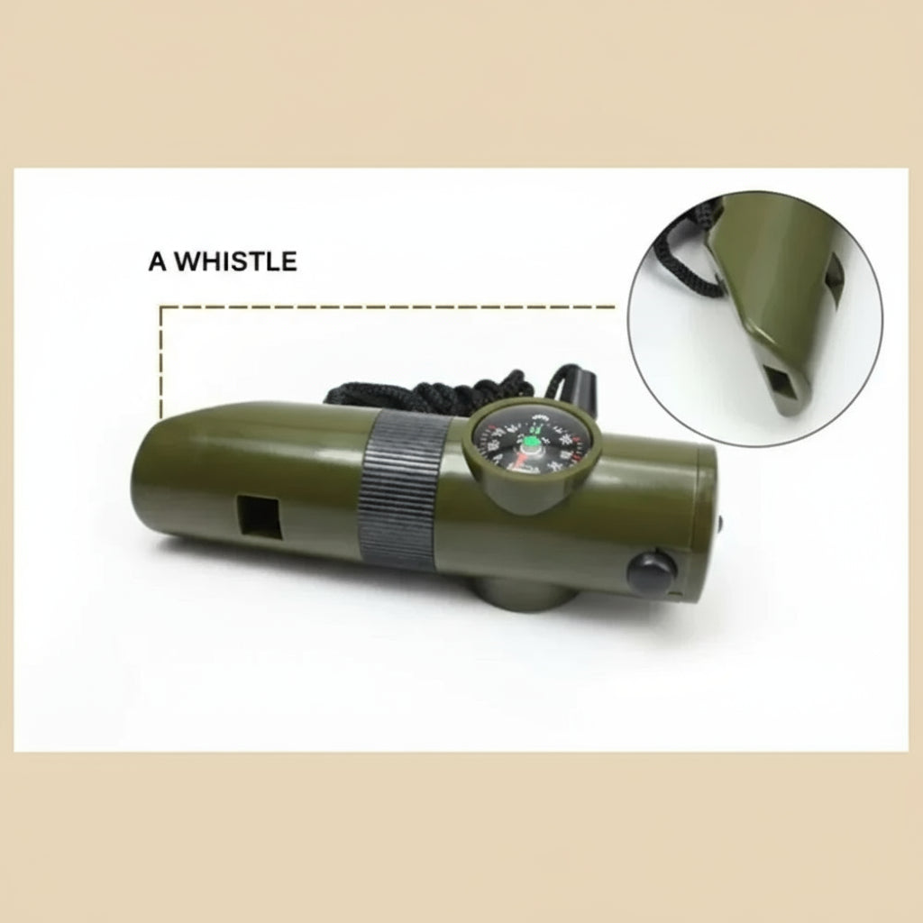 7-in-1 Survival Whistle - Emergency Tool with Compass, LED Light, Thermometer & Mirror