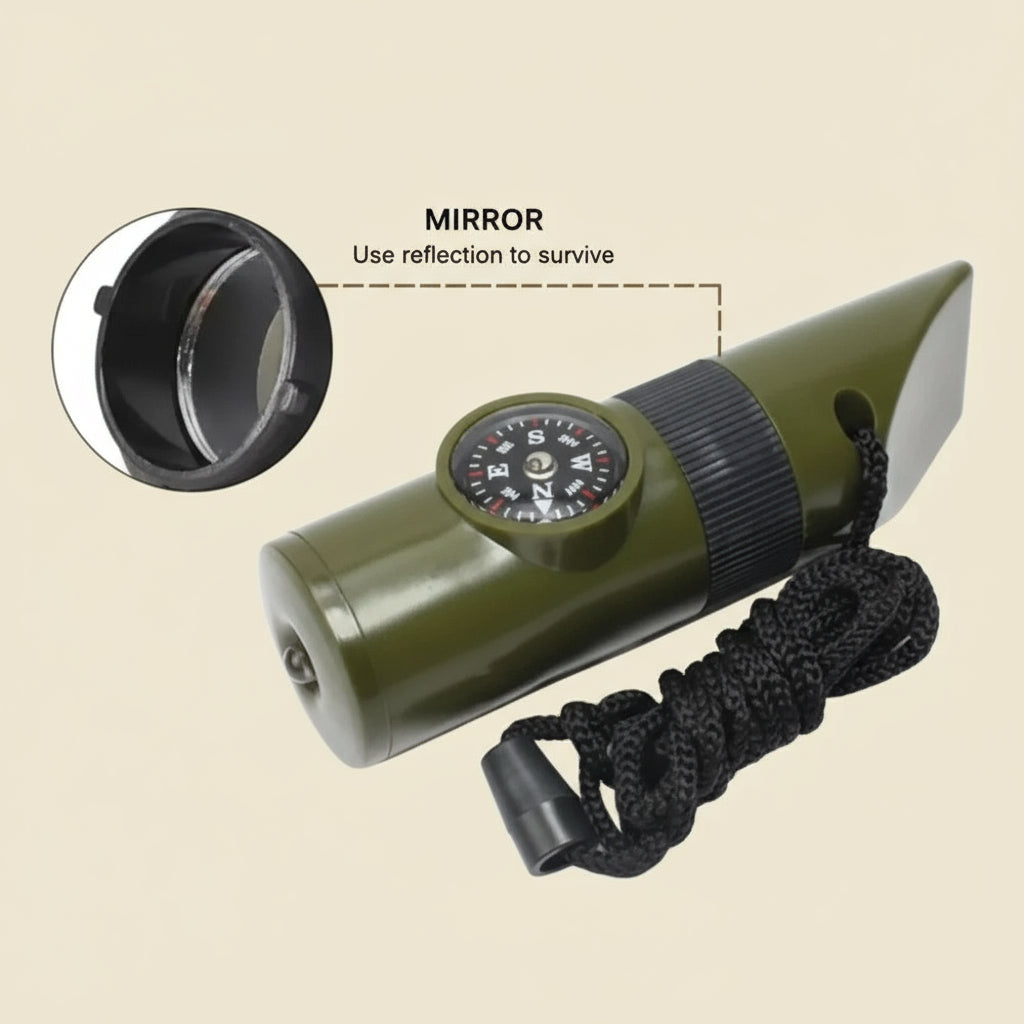 7-in-1 Survival Whistle - Emergency Tool with Compass, LED Light, Thermometer & Mirror