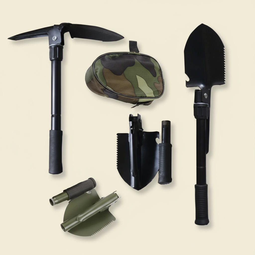 Folding Military Shovel - Portable Camping Survival Tool with Compass & Storage Bag