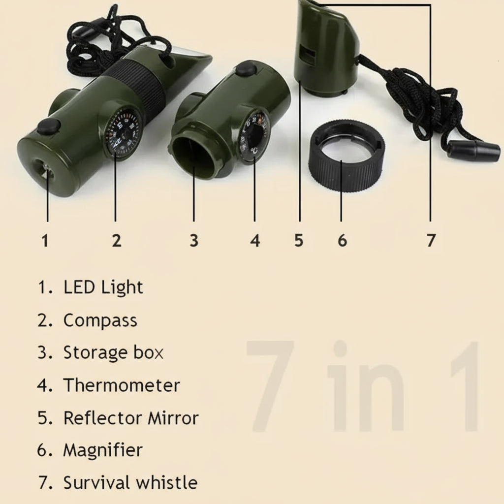 7-in-1 Survival Whistle - Emergency Tool with Compass, LED Light, Thermometer & Mirror