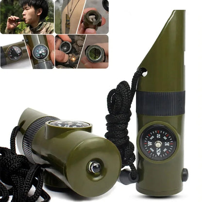 7-in-1 Survival Whistle - Emergency Tool with Compass, LED Light, Thermometer & Mirror