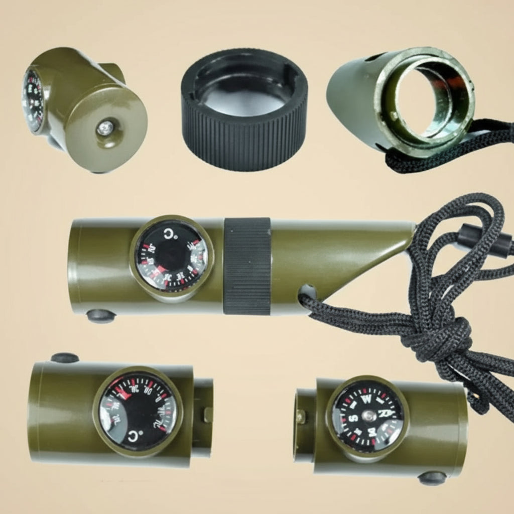 7-in-1 Survival Whistle - Emergency Tool with Compass, LED Light, Thermometer & Mirror