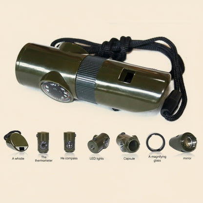 7-in-1 Survival Whistle - Emergency Tool with Compass, LED Light, Thermometer & Mirror