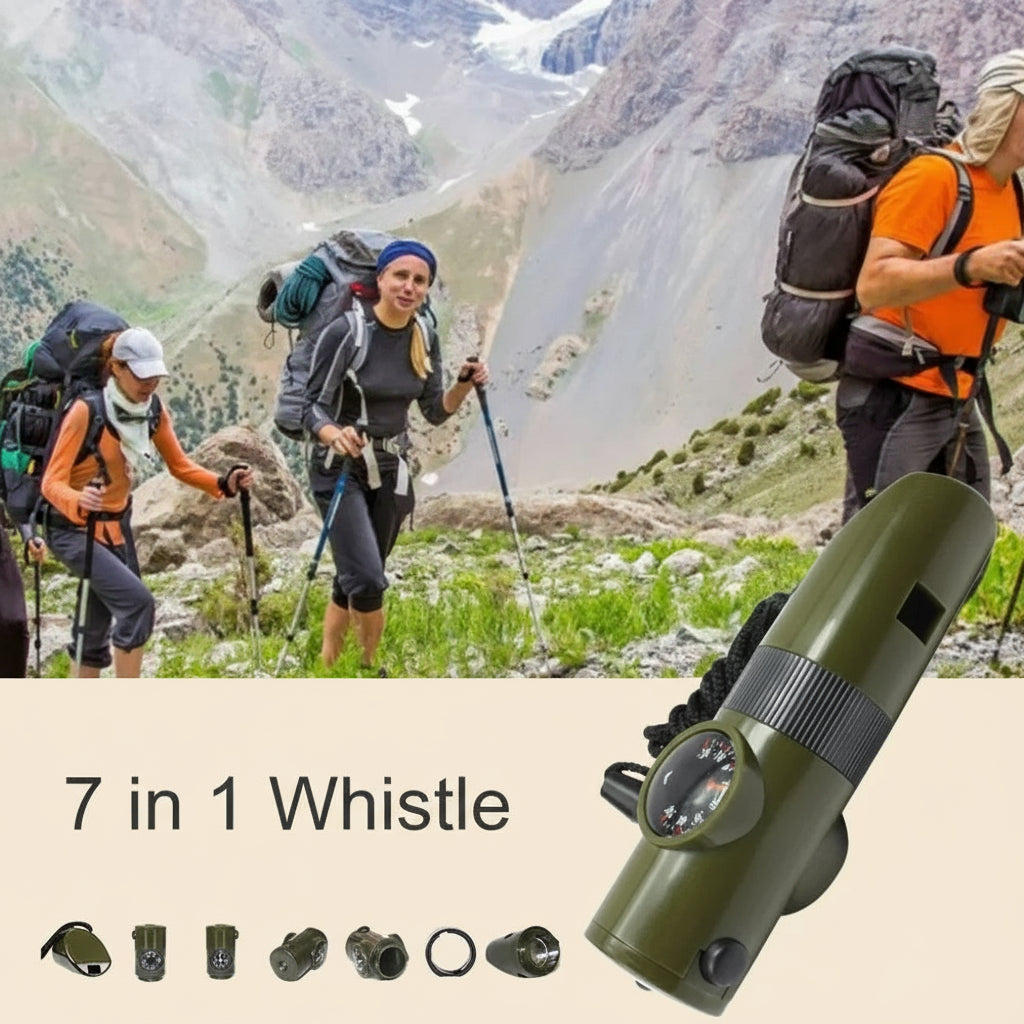 7-in-1 Survival Whistle - Emergency Tool with Compass, LED Light, Thermometer & Mirror