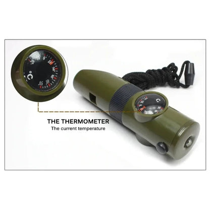 7-in-1 Survival Whistle - Emergency Tool with Compass, LED Light, Thermometer & Mirror