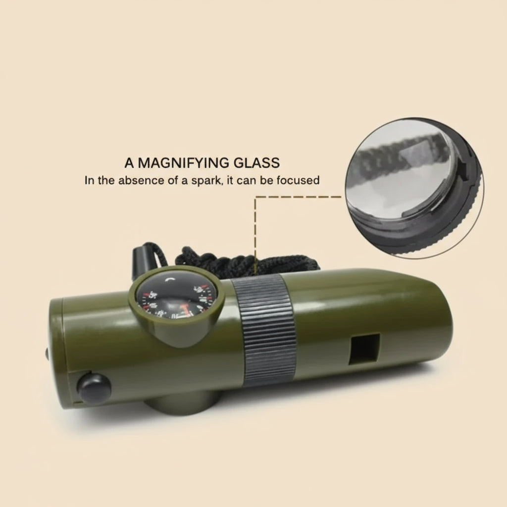 7-in-1 Survival Whistle - Emergency Tool with Compass, LED Light, Thermometer & Mirror