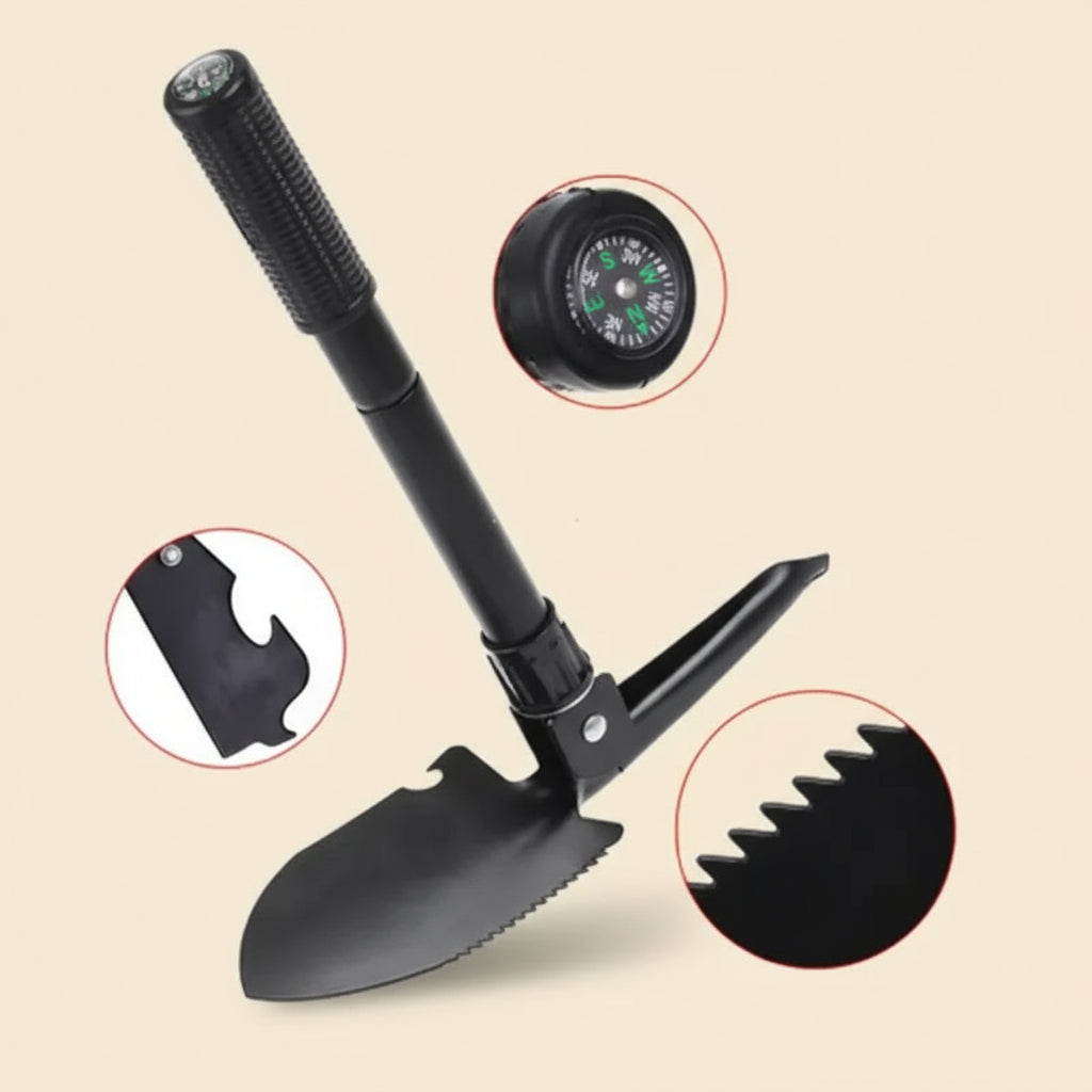 Folding Military Shovel - Portable Camping Survival Tool with Compass & Storage Bag