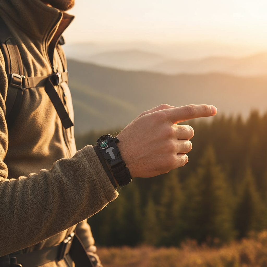 Person Wearing Tactical Survival Bracelet Outdoors